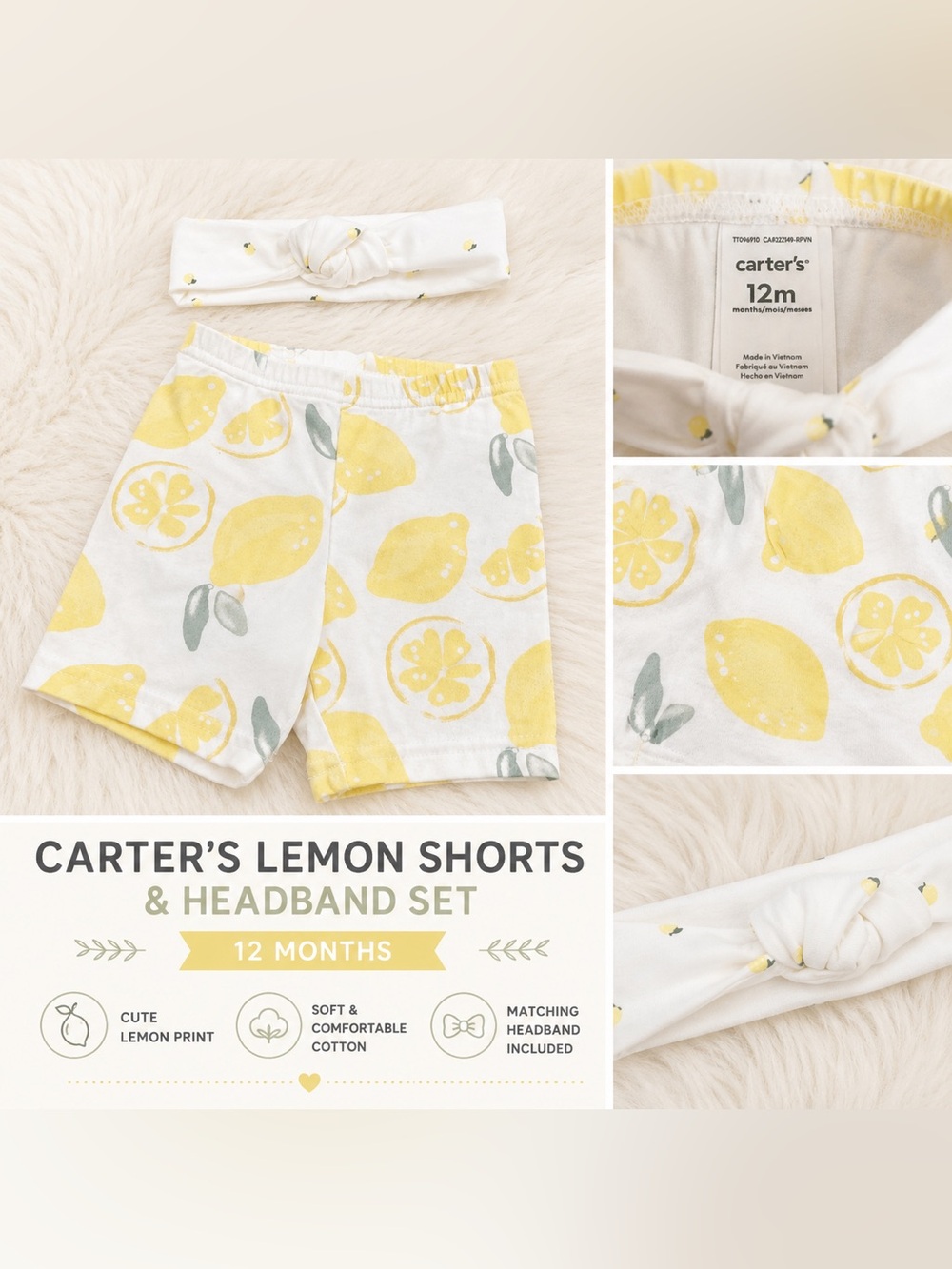 Carter’s Baby Girl Lemon Print Shorts & Headband Set – 12 Months